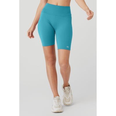 Alo Yoga 7" Seamless High-Taille Gerippt Biker Kurze Hose Damen Blau | KZEVJP468