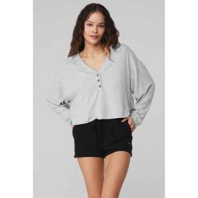 Alo Yoga Alolux Soho Crop Henley Pullover Damen Grau | IJTFBW165