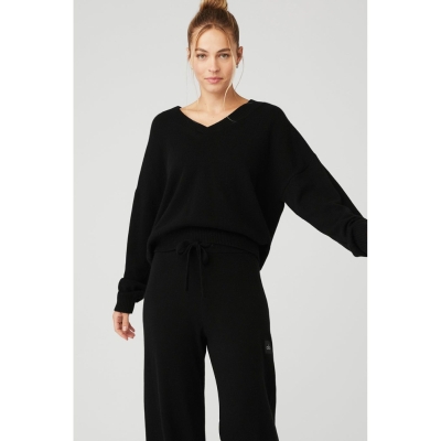 Alo Yoga Cashmere Jet Set V-Neck Pullover Damen Schwarz | IQRZFN740