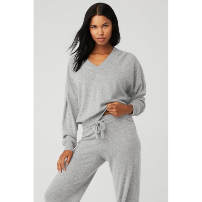 Alo Yoga Cashmere Jet Set V-Neck Pullover Damen Grau | LFRKPQ328