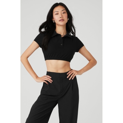 Alo Yoga Cropped Prestige Polo Short Sleeve Damen Schwarz | IPFUMH294