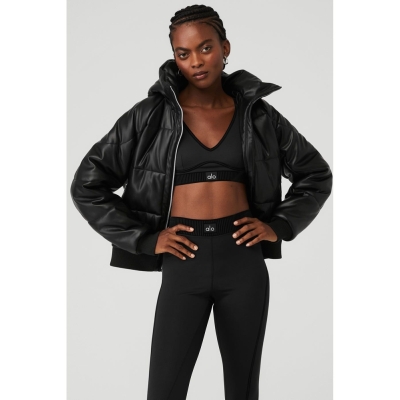 Alo Yoga Faux Leder Boss Puffer Jacke Damen Schwarz | DVGZLX457