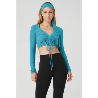 Alo Yoga Gerippt Cinch Cropped Long Sleeve Damen Blau | SGDHEY932