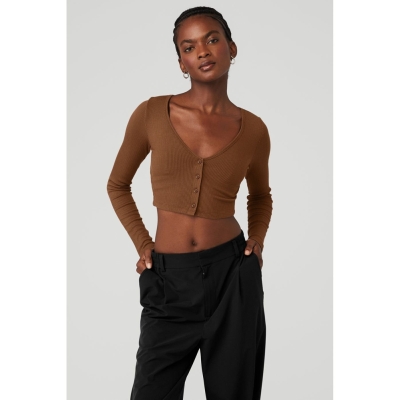 Alo Yoga Gerippt Cropped Whisper Cardigan Crop Tops Damen Braun | BHPACV412