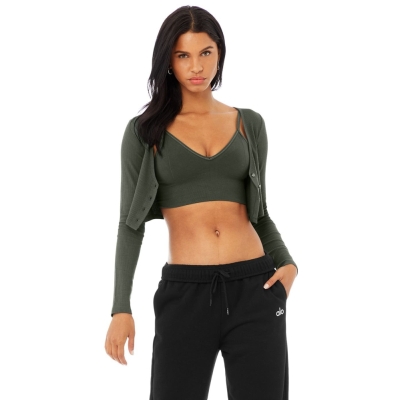 Alo Yoga Gerippt Cropped Whisper Cardigan Crop Tops Damen Dunkelgrün | VFGECT512