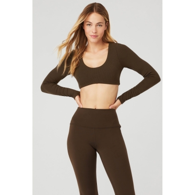 Alo Yoga Gerippt Defined Long Sleeve Bra Damen Kaffee | NGQZAI601