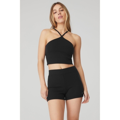 Alo Yoga Goddess Gerippt Cross Crop Tops Damen Schwarz | OGPQWS629