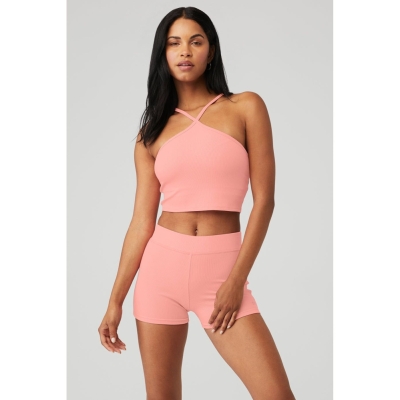 Alo Yoga Goddess Gerippt Cross Crop Tops Damen Rosa | QIAULM209