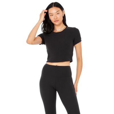 Alo Yoga Micro Waffle Sierra Top Short Sleeve Damen Schwarz | GQAIZP195