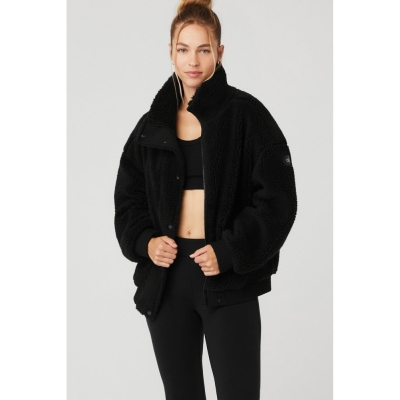 Alo Yoga Sherpa Varsity Jacke Damen Schwarz | IARVKW418