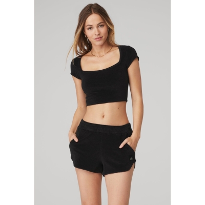 Alo Yoga Terry Beachside Short Sleeve Damen Schwarz | NLUWHV275