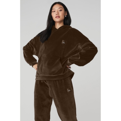 Alo Yoga Velour Baller Hoodie Damen Kaffee | DHRGTL470