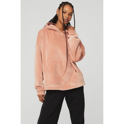 Alo Yoga Velour Baller Hoodie Damen Rosa Grau | YXCPRQ526