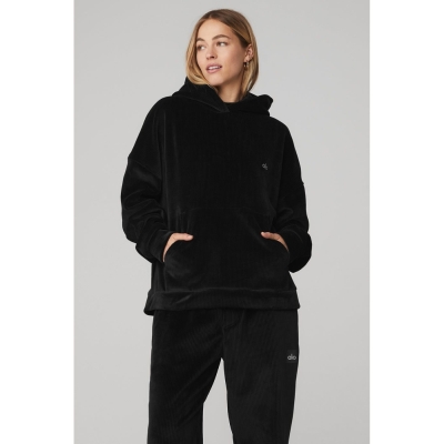 Alo Yoga Velour Baller Hoodie Damen Schwarz | UVJMSI385