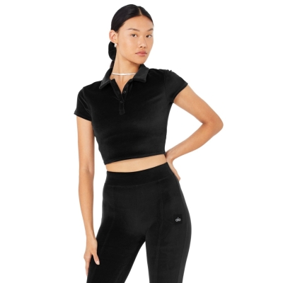 Alo Yoga Velour Choice Polo Short Sleeve Damen Schwarz | BTXDMH587