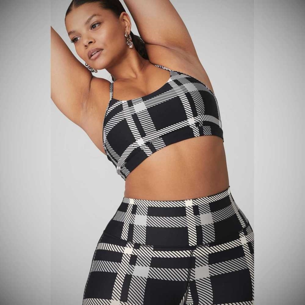 Alo Yoga Airlift Magnified Plaid Intrigue BHs Damen Schwarz Weiß | VMLSKH054