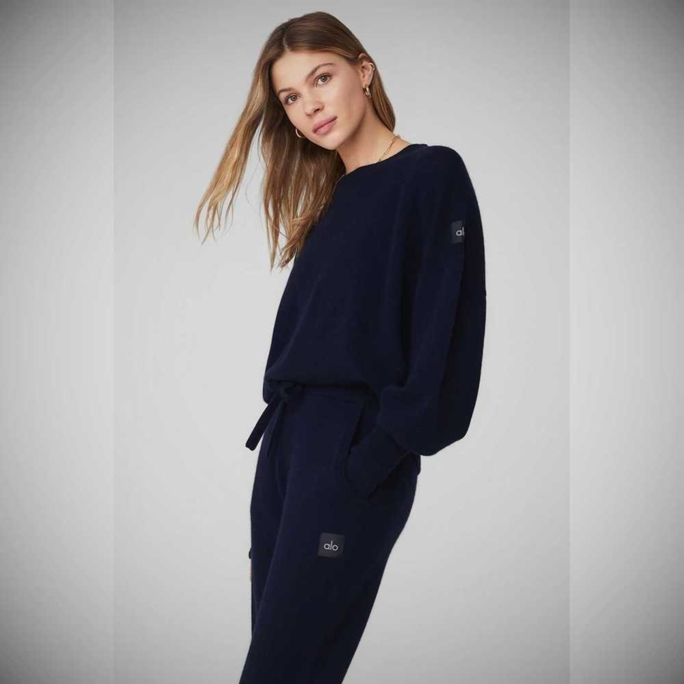 Alo Yoga Cashmere Jet Set Crew Pullover Damen Navy | AVRBUO328