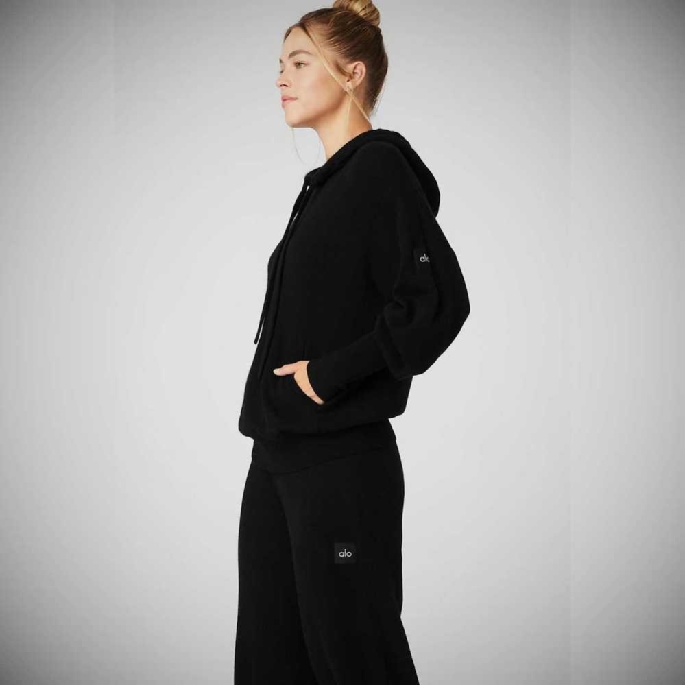 Alo Yoga Cashmere Jet Set Hoodie Damen Schwarz | QOYRTW982