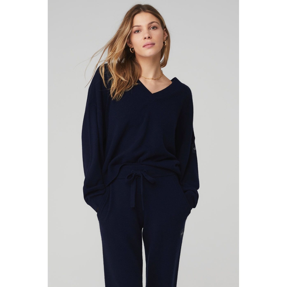 Alo Yoga Cashmere Jet Set V-Neck Pullover Damen Navy | AFCSQB245