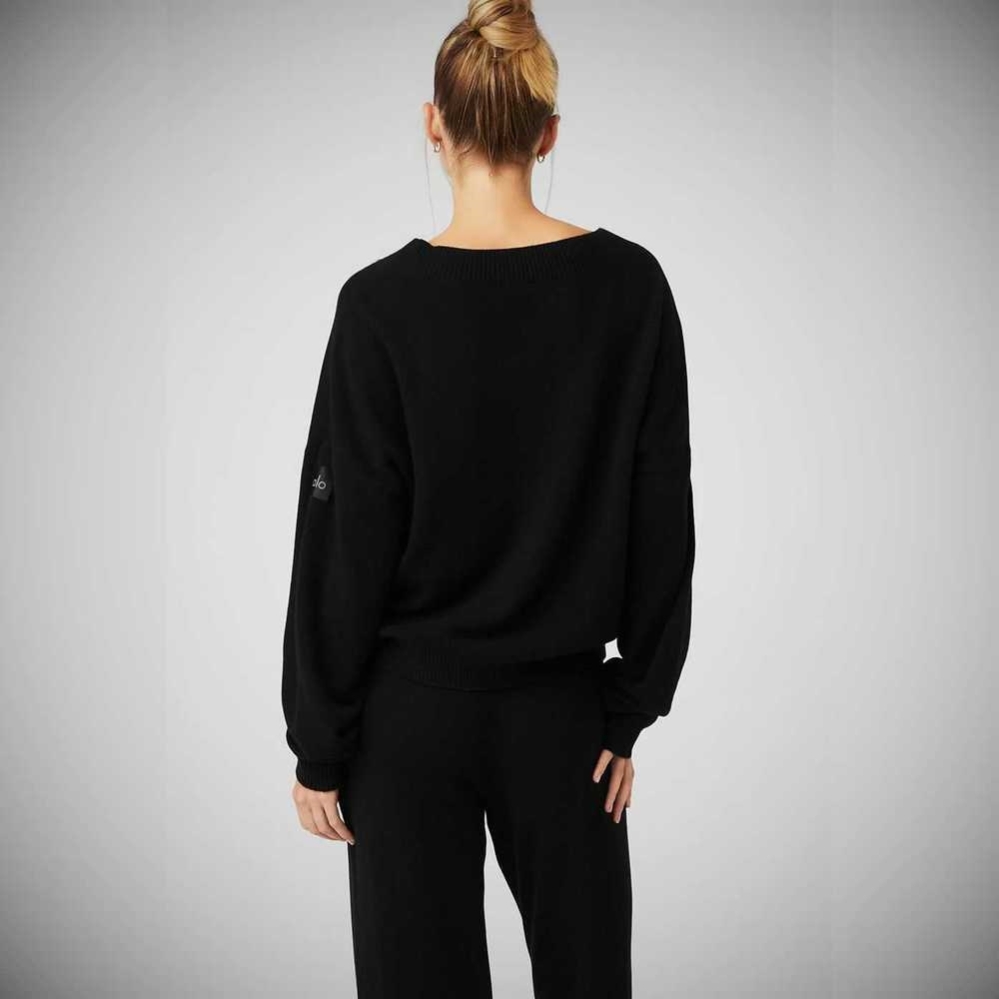 Alo Yoga Cashmere Jet Set V-Neck Pullover Damen Schwarz | IQRZFN740