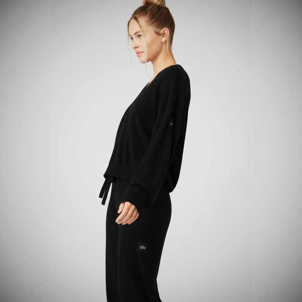 Alo Yoga Cashmere Jet Set V-Neck Pullover Damen Schwarz | IQRZFN740