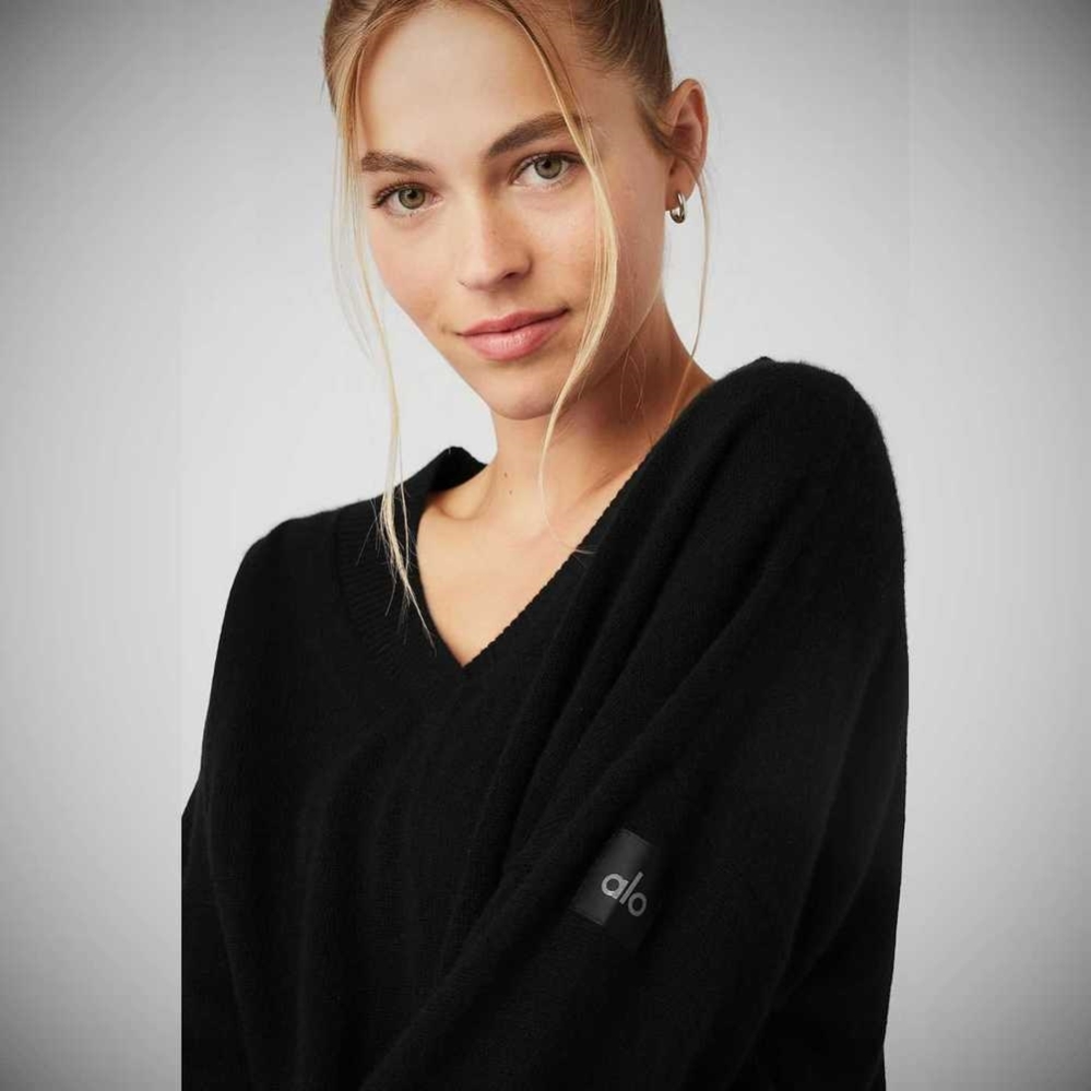 Alo Yoga Cashmere Jet Set V-Neck Pullover Damen Schwarz | IQRZFN740