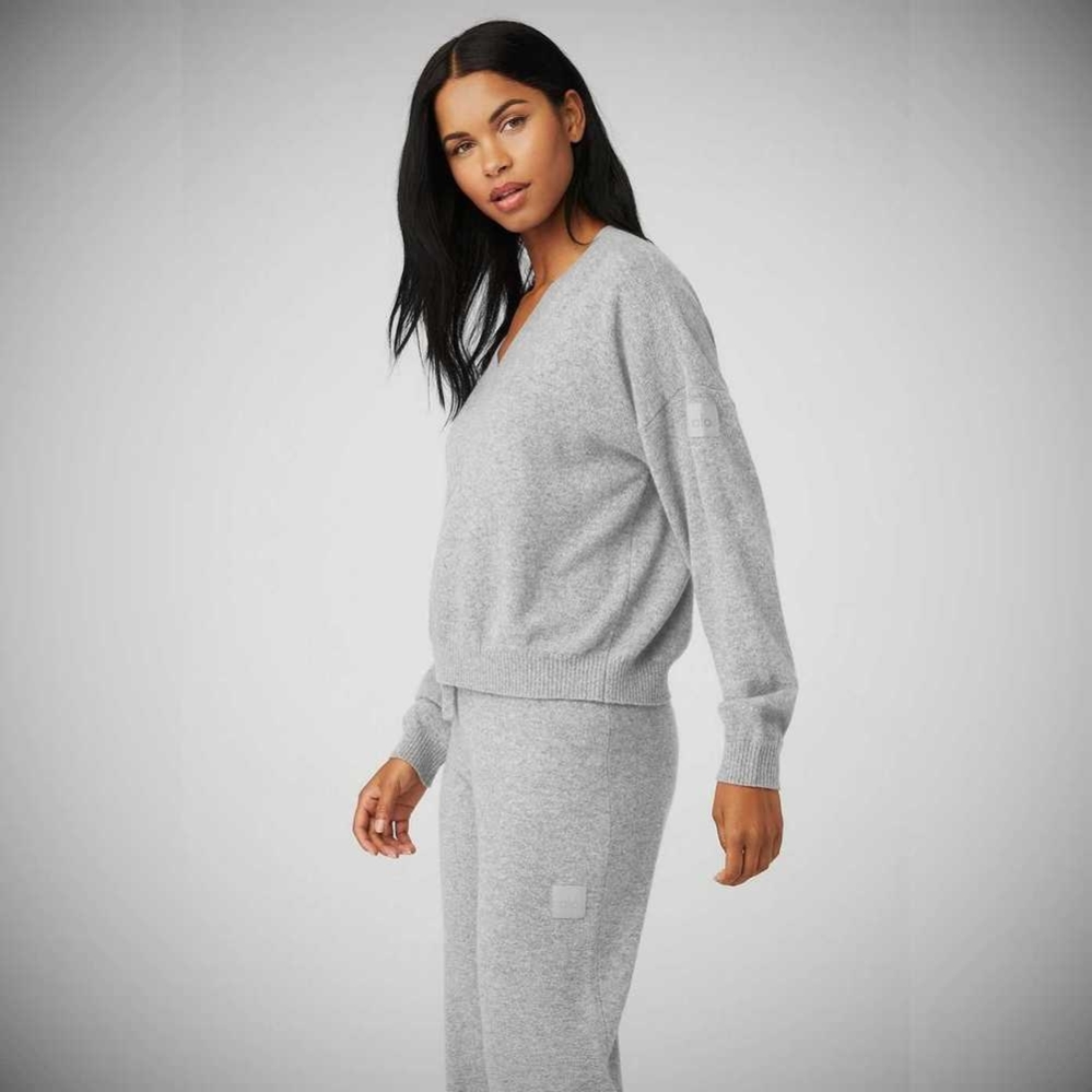 Alo Yoga Cashmere Jet Set V-Neck Pullover Damen Grau | LFRKPQ328