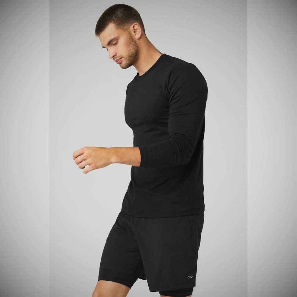 Alo Yoga Conquer Reform Crewneck Long Sleeve Herren Schwarz | BAHWGM834