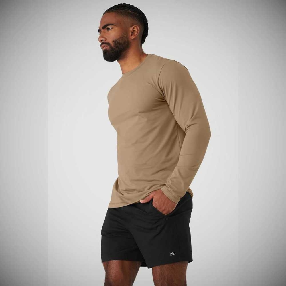 Alo Yoga Conquer Reform Crewneck Long Sleeve Herren Braun | HWENUR530