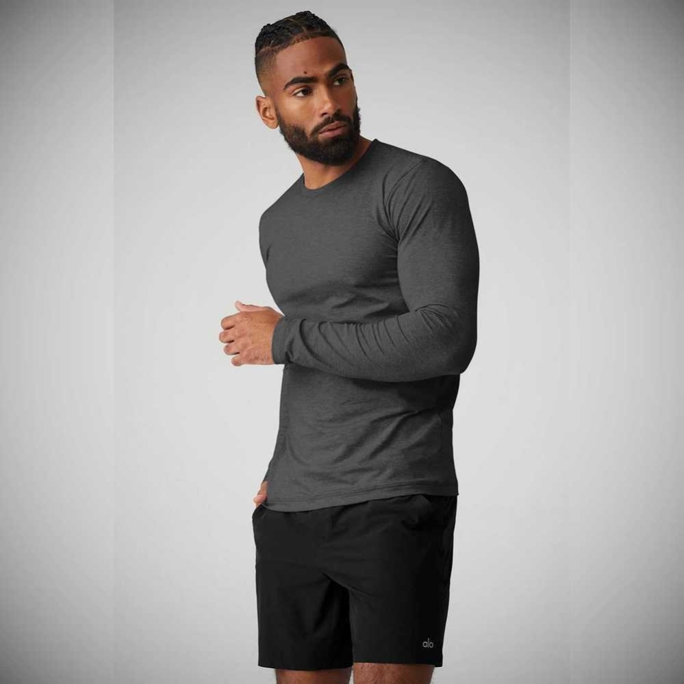 Alo Yoga Conquer Reform Crewneck Long Sleeve Herren Dunkelgrau | MURZVA793