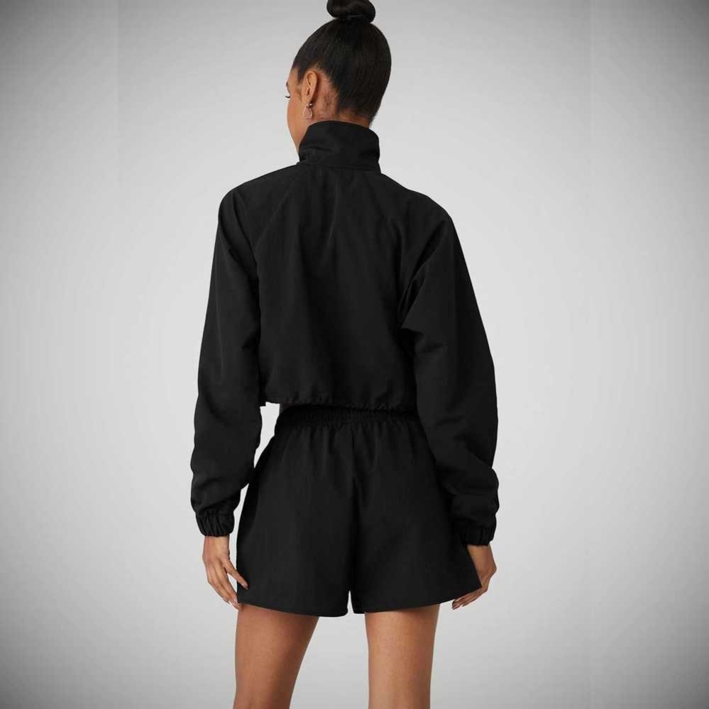 Alo Yoga Cropped 1/4 Zip Alumni Pullover Damen Schwarz | QBYZVA620