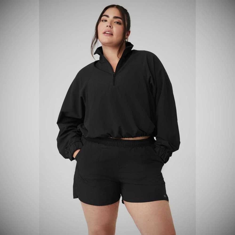 Alo Yoga Cropped 1/4 Zip Alumni Pullover Damen Schwarz | QBYZVA620