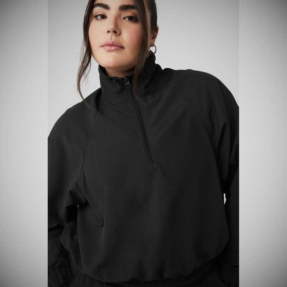 Alo Yoga Cropped 1/4 Zip Alumni Pullover Damen Schwarz | QBYZVA620