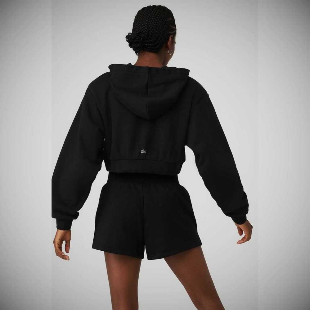 Alo Yoga Cropped Headliner Shoulder Pad Hoodie Damen Schwarz | ZQMDVE019