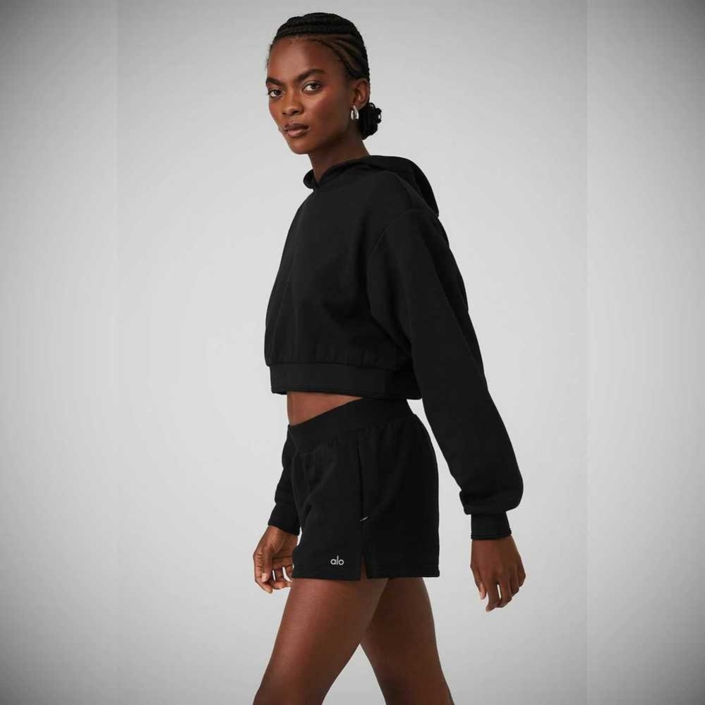 Alo Yoga Cropped Headliner Shoulder Pad Hoodie Damen Schwarz | ZQMDVE019