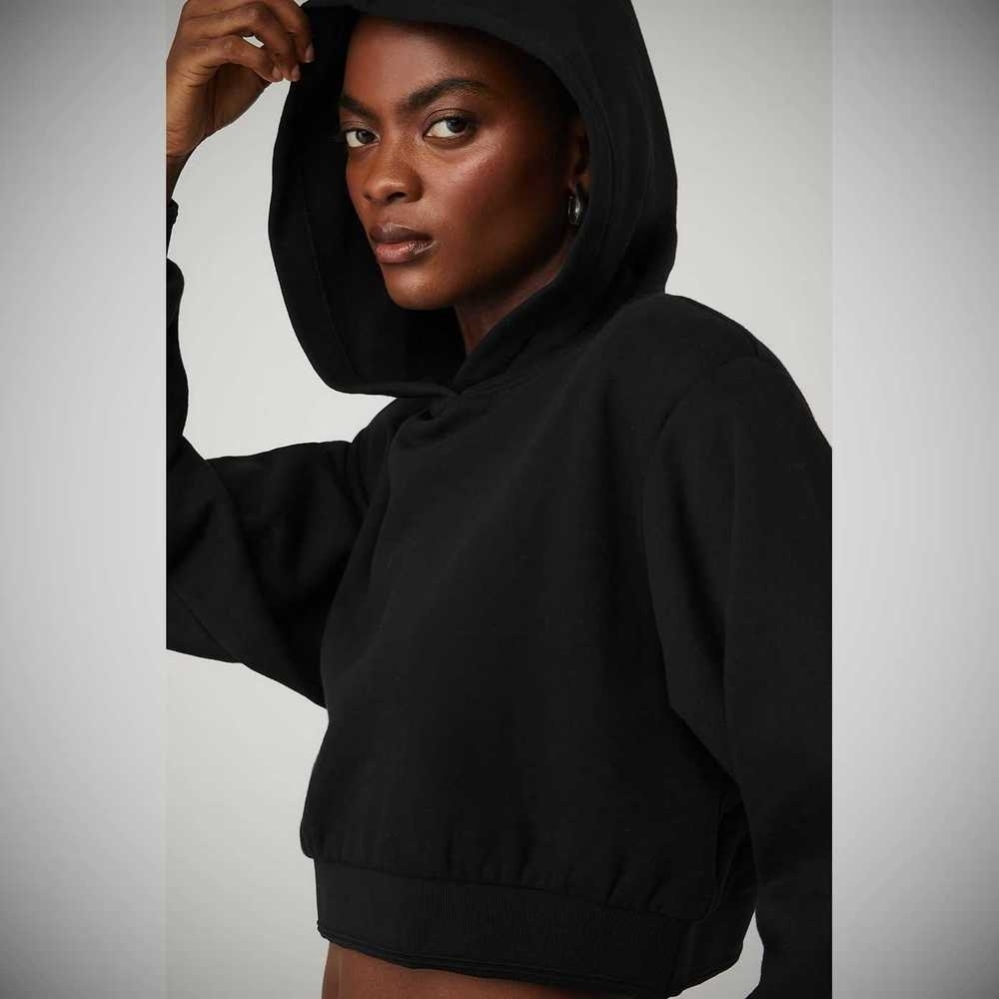 Alo Yoga Cropped Headliner Shoulder Pad Hoodie Damen Schwarz | ZQMDVE019