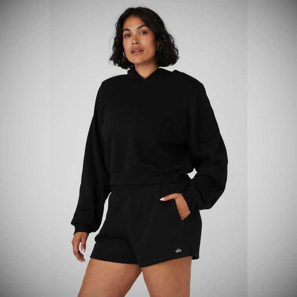 Alo Yoga Cropped Headliner Shoulder Pad Hoodie Damen Schwarz | ZQMDVE019