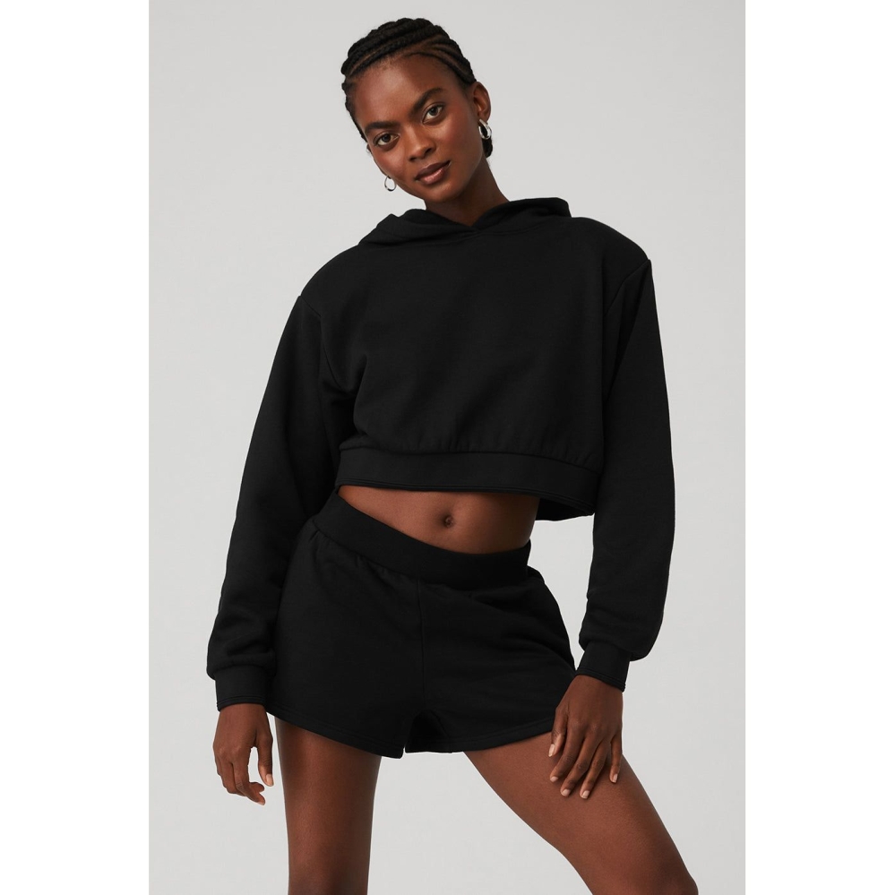 Alo Yoga Cropped Headliner Shoulder Pad Hoodie Damen Schwarz | ZQMDVE019