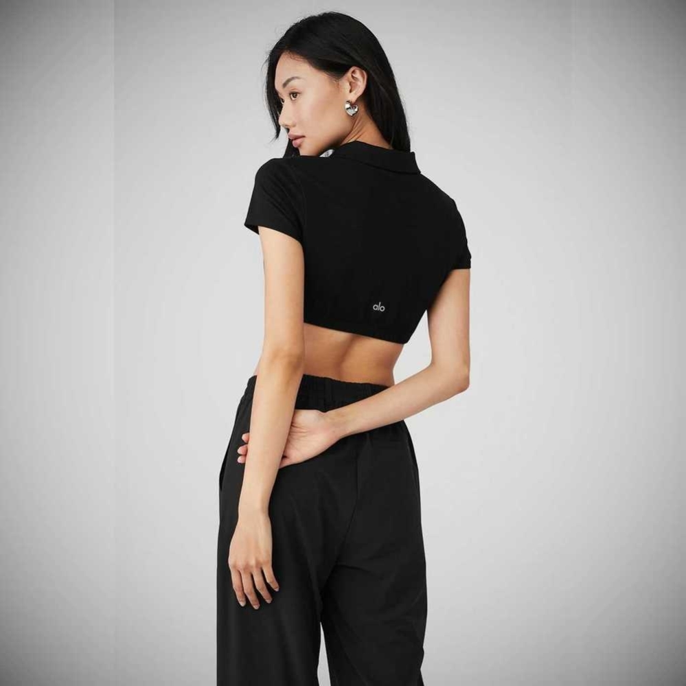 Alo Yoga Cropped Prestige Polo Short Sleeve Damen Schwarz | IPFUMH294