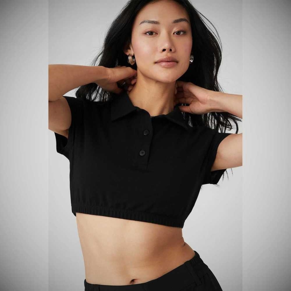 Alo Yoga Cropped Prestige Polo Short Sleeve Damen Schwarz | IPFUMH294