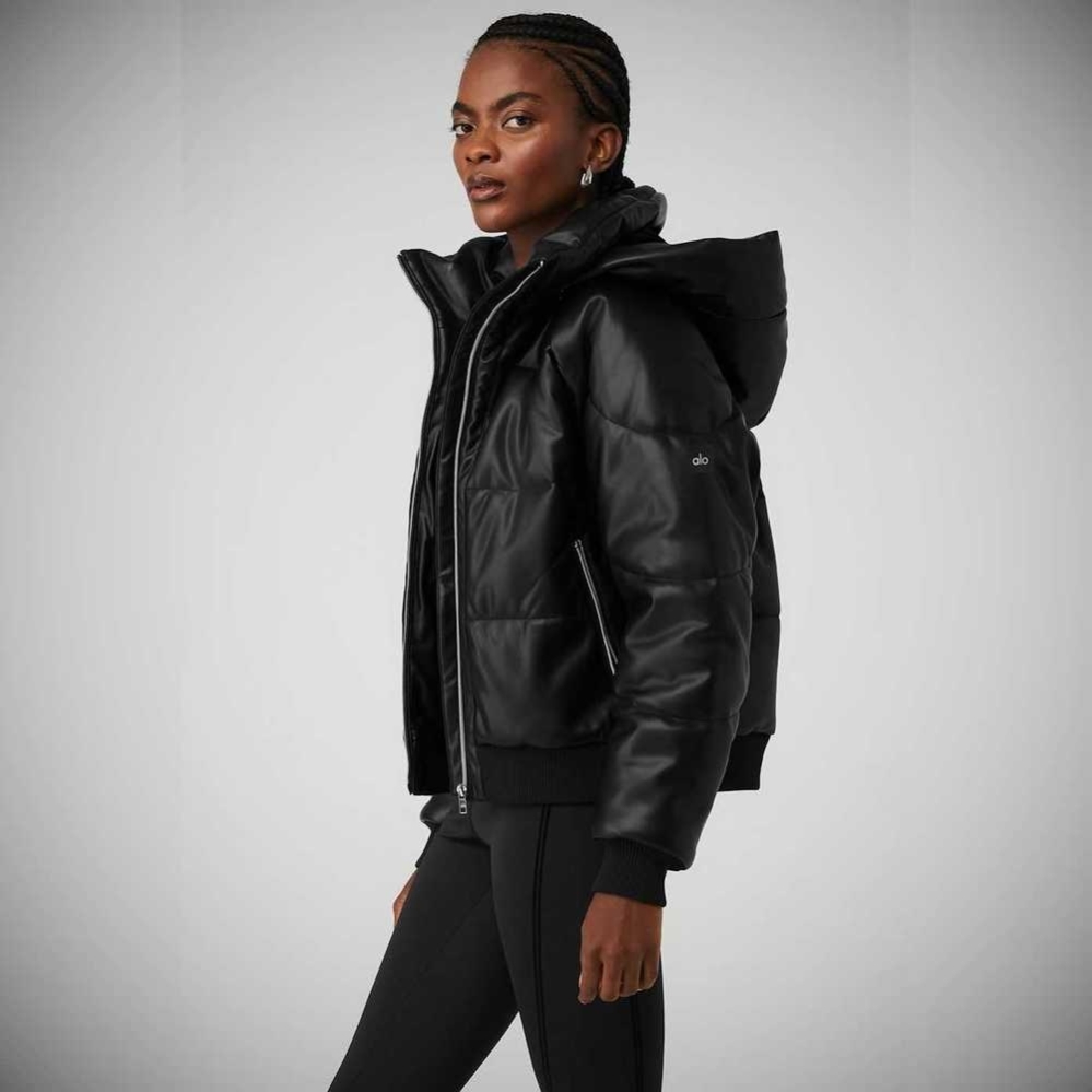 Alo Yoga Faux Leder Boss Puffer Jacke Damen Schwarz | DVGZLX457