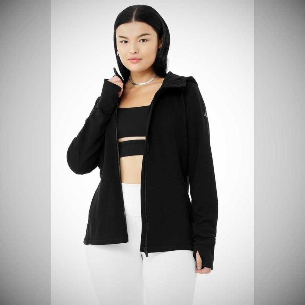 Alo Yoga Foundation Zip Hoodie Damen Schwarz | QDXIJG082