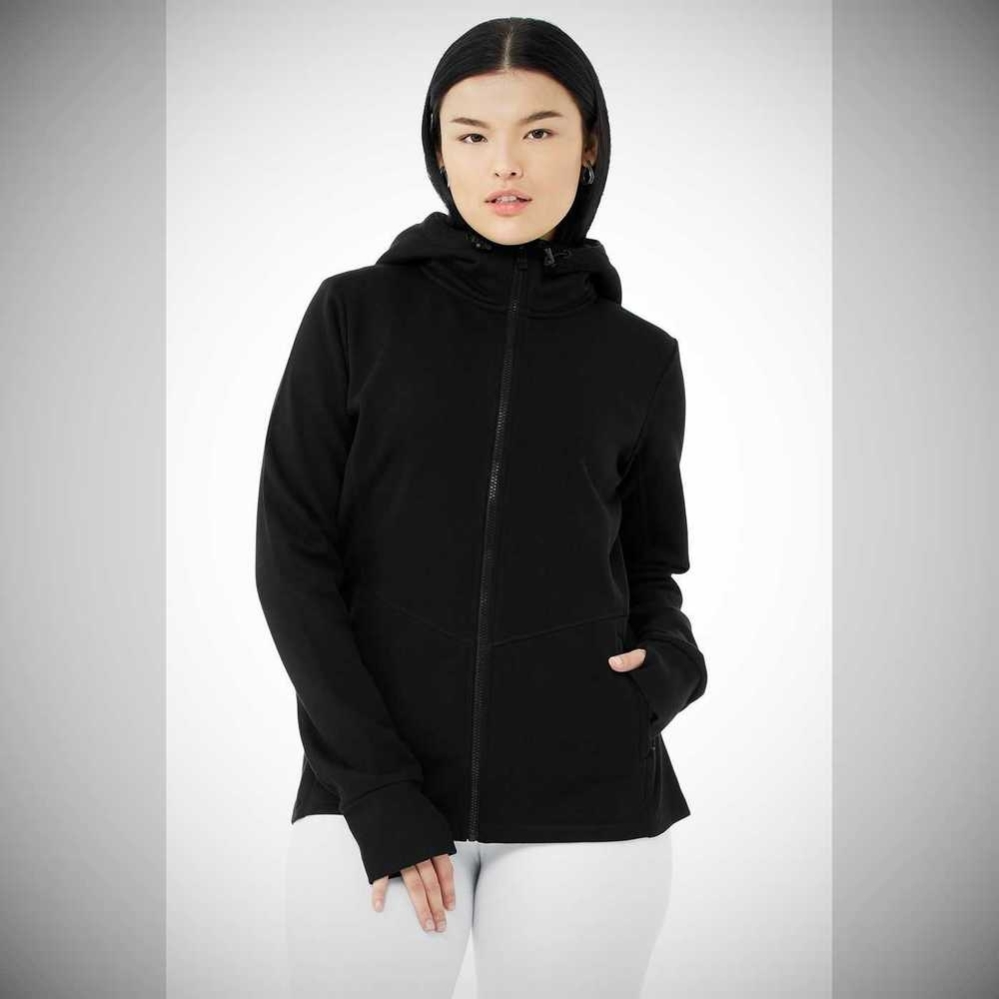 Alo Yoga Foundation Zip Hoodie Damen Schwarz | QDXIJG082