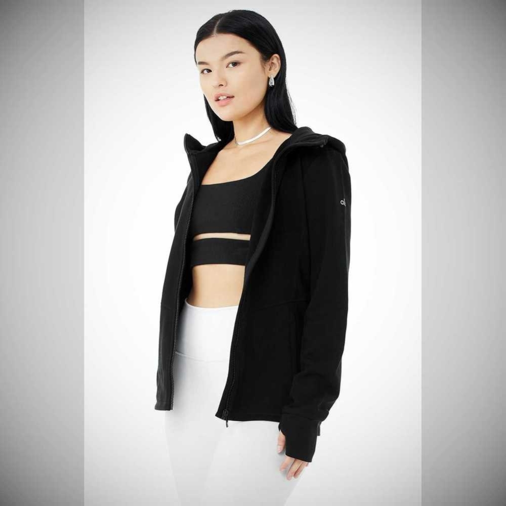 Alo Yoga Foundation Zip Hoodie Damen Schwarz | QDXIJG082