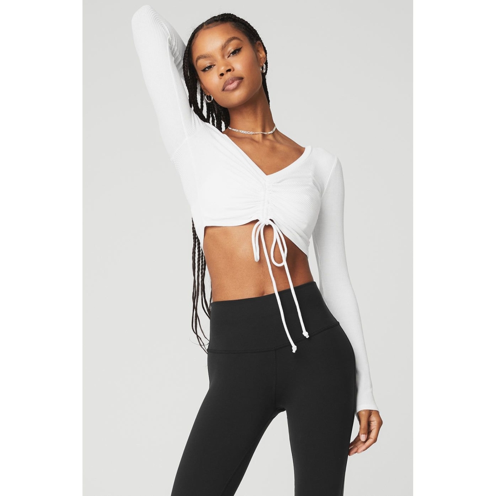 Alo Yoga Gerippt Cinch Cropped Long Sleeve Damen Weiß | AIMQJL706