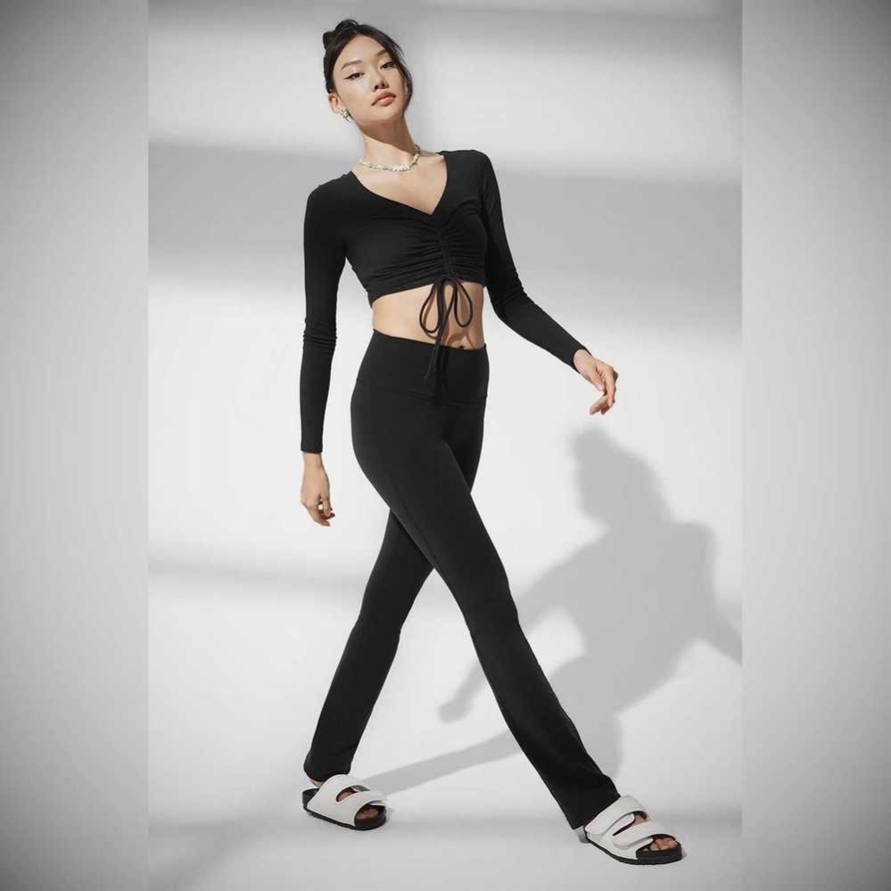 Alo Yoga Gerippt Cinch Cropped Long Sleeve Damen Schwarz | IZCSYX250