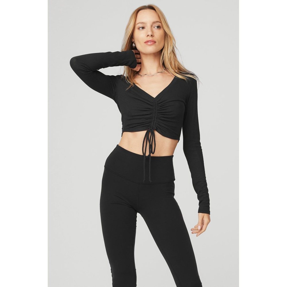 Alo Yoga Gerippt Cinch Cropped Long Sleeve Damen Schwarz | IZCSYX250