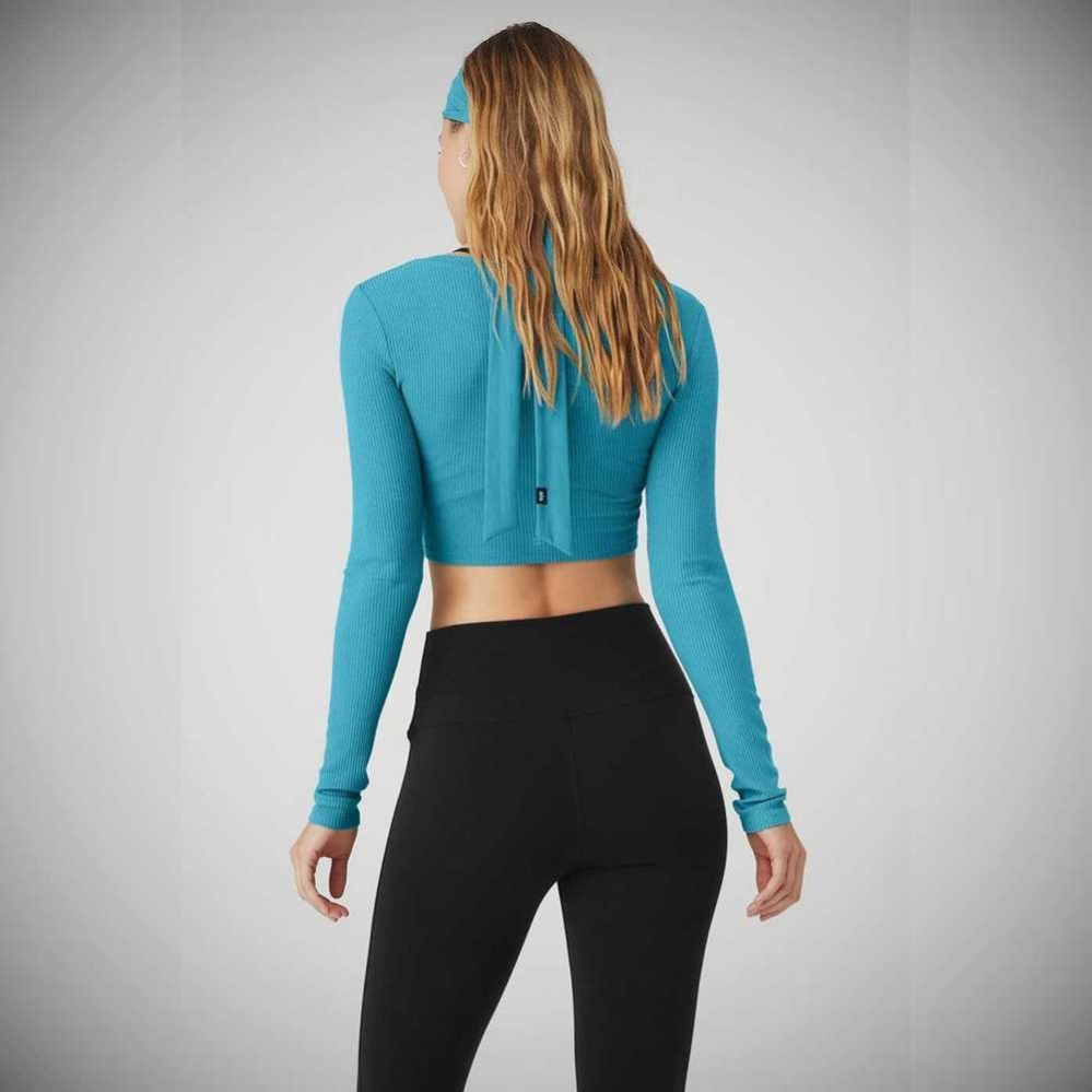 Alo Yoga Gerippt Cinch Cropped Long Sleeve Damen Blau | SGDHEY932