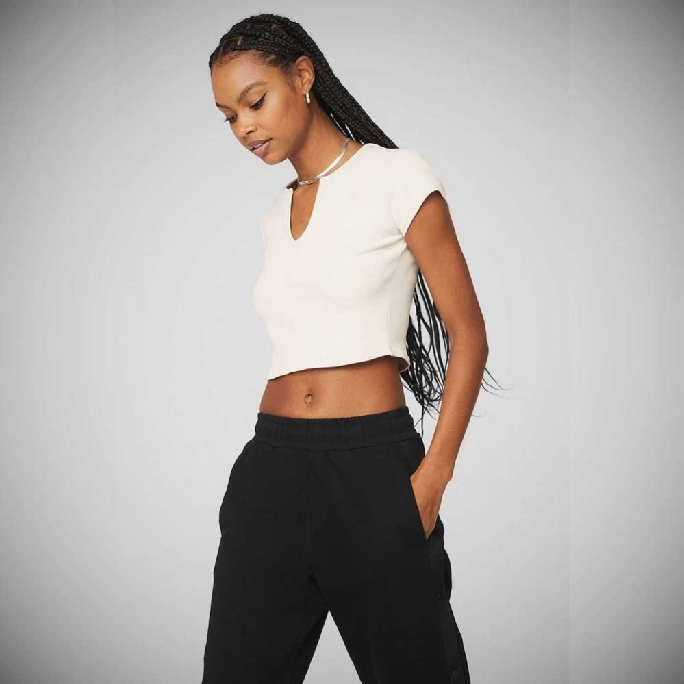 Alo Yoga Gerippt Cropped Savvy Crop Tops Damen Weiß | FIHXNC597