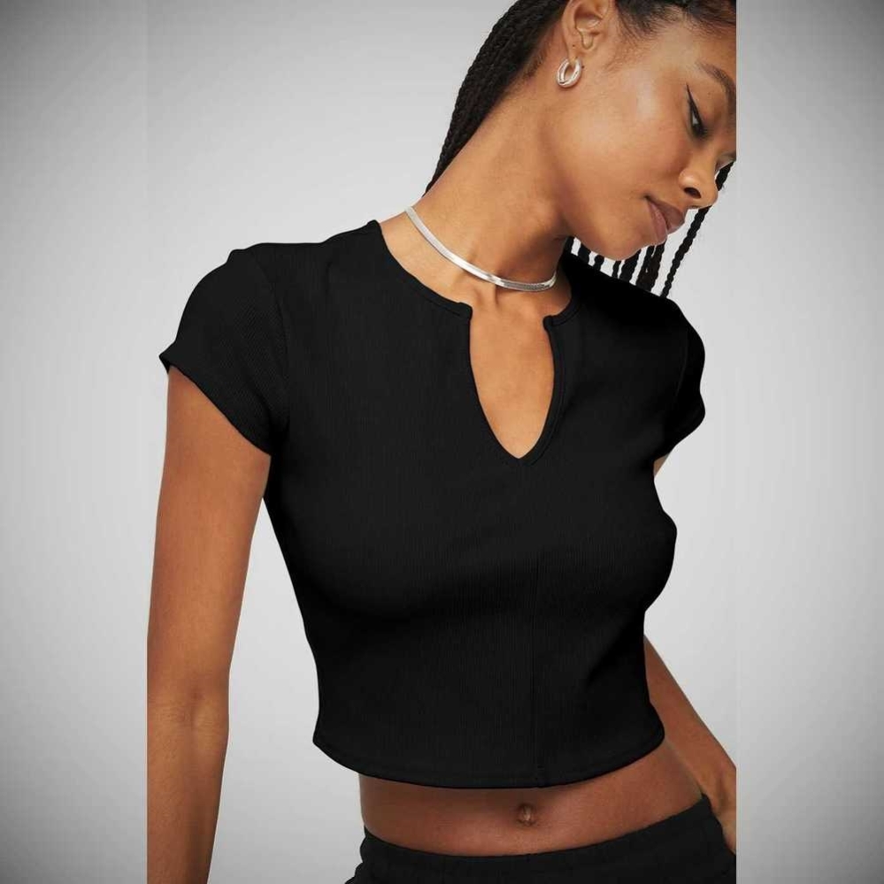 Alo Yoga Gerippt Cropped Savvy Crop Tops Damen Schwarz | TOPRHQ593